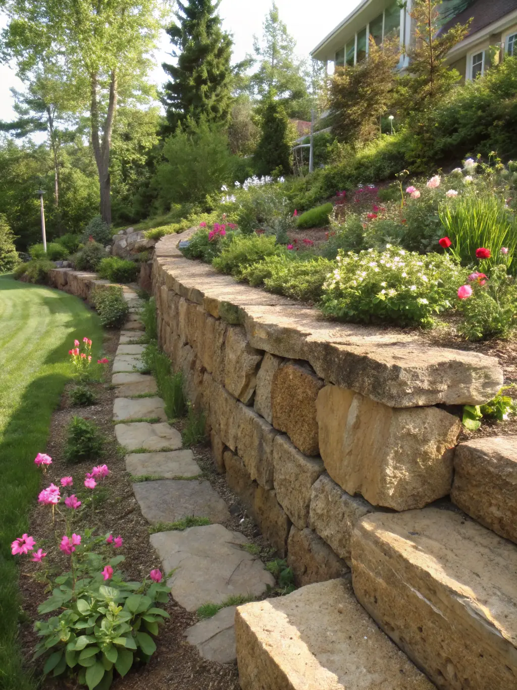 A well-built retaining wall made of natural stone, supporting a landscaped garden and preventing soil erosion.