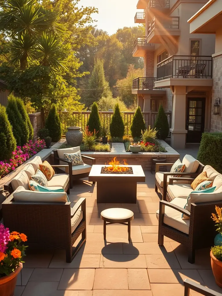 A beautifully designed patio with pavers, outdoor furniture, and a fire pit, creating a cozy and inviting outdoor living space.