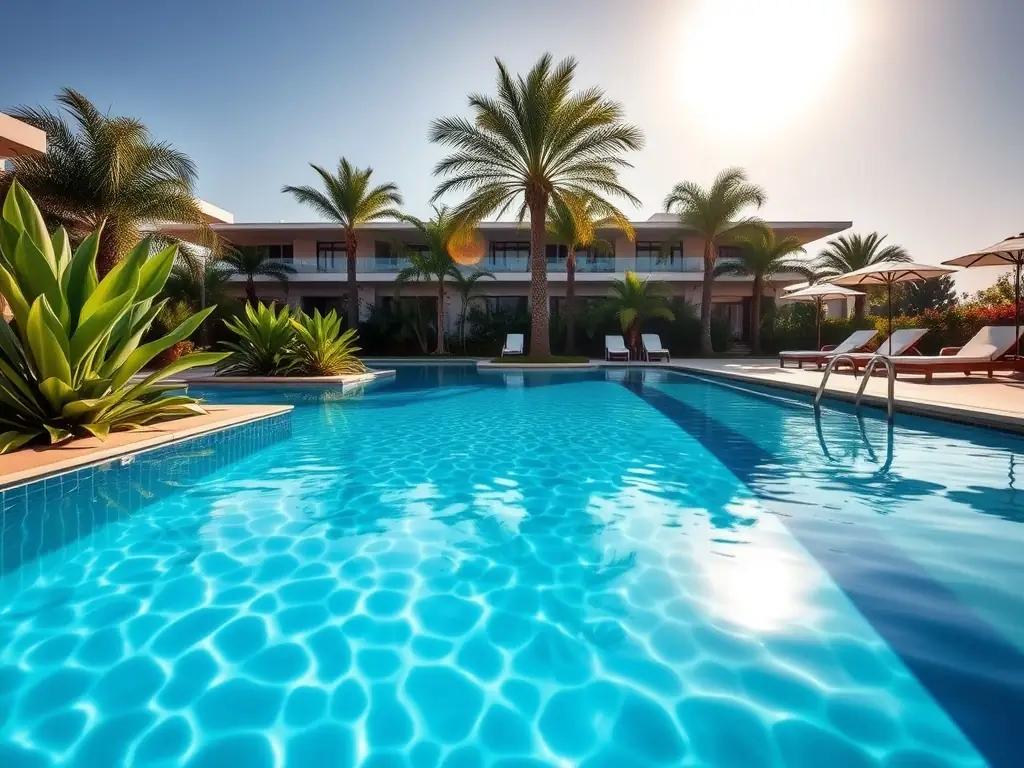An aerial shot of a luxurious swimming pool with a stone deck and clear blue water, surrounded by lush landscaping. The pool area is inviting and well-maintained, showcasing high-end design and construction.