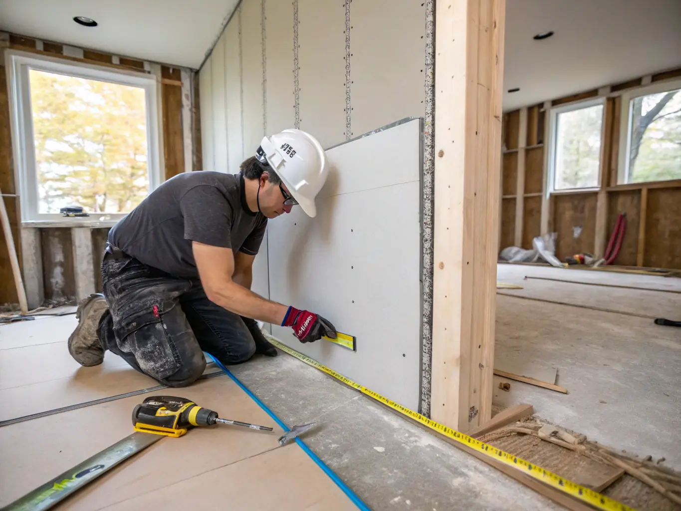 A professional construction worker installing sheetrock in a modern home, showcasing the precision and expertise of DSA Masonry & Home Improvement.