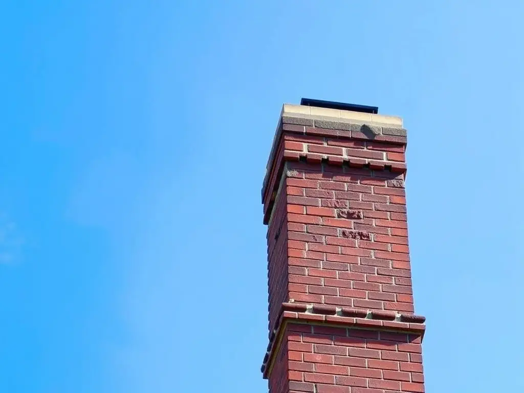 A high-angle, eye-level, full shot of a newly constructed brick chimney extending from the roof of a house, showcasing expert bricklaying and design. The chimney is sturdy and aesthetically pleasing, blending seamlessly with the home's architecture.