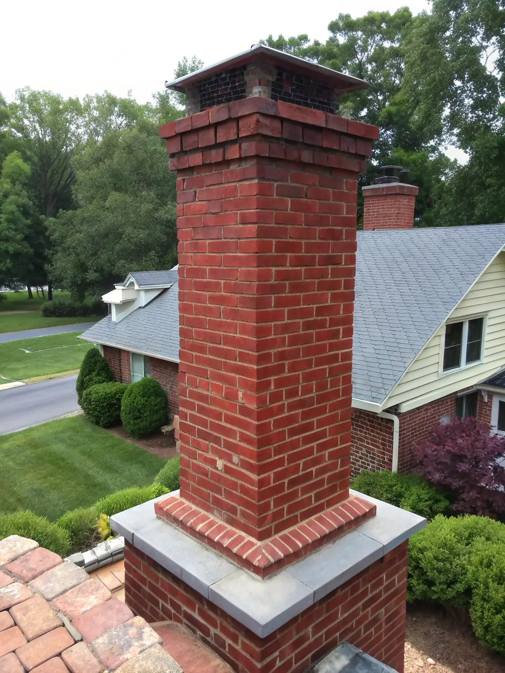 A newly constructed brick chimney extending from a residential home, showcasing expert masonry work and a sturdy design.