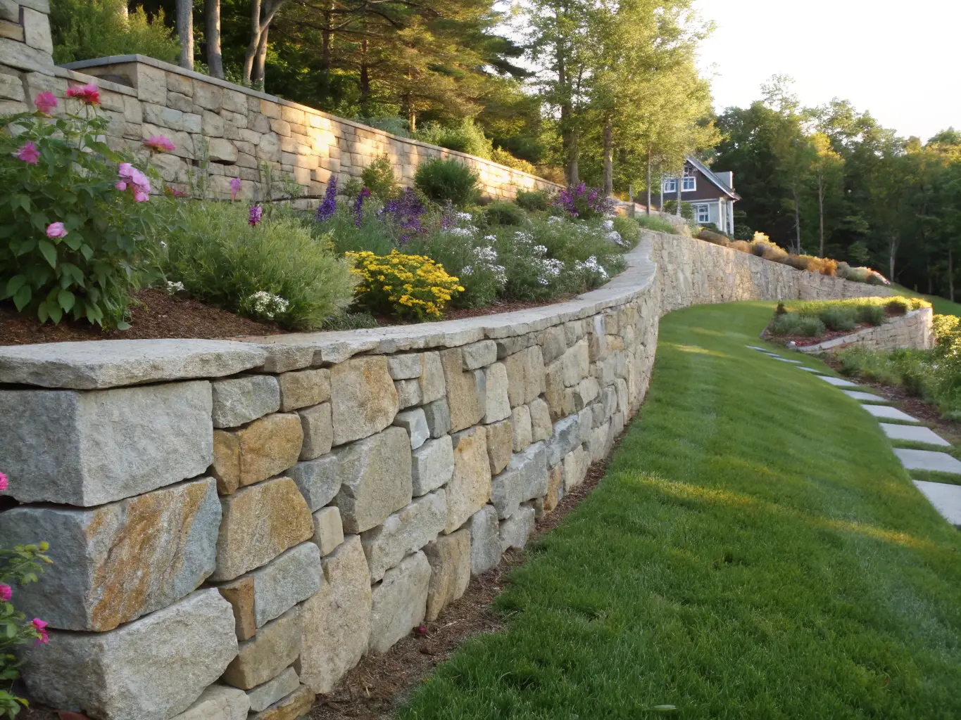 A wide shot of a beautifully designed retaining wall made of natural stone, supporting a landscaped garden on a hillside. The wall is sturdy and blends seamlessly with the natural environment.